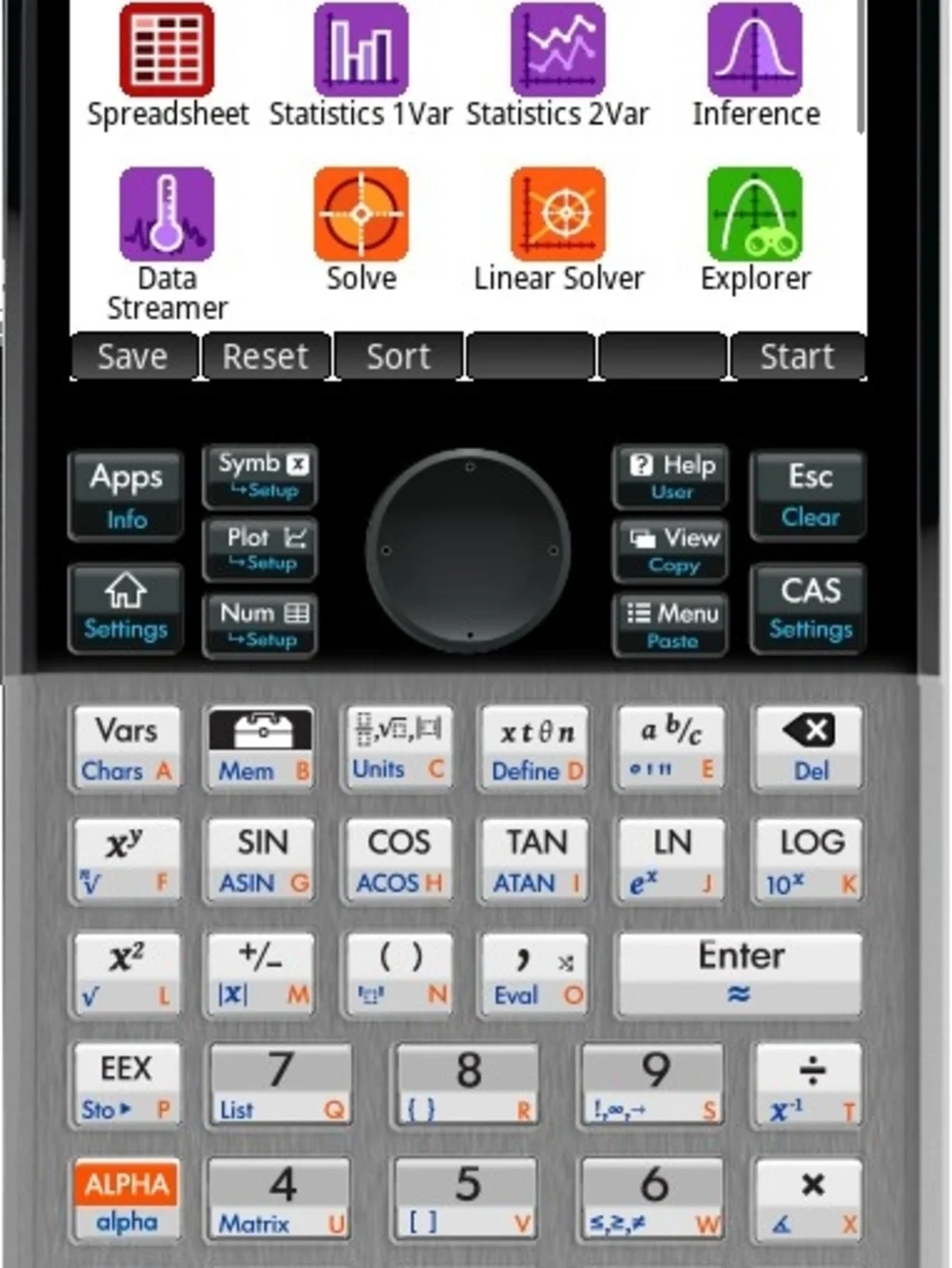 HP Graphing Calculator with Black, Gray, White, Purple, Orange, Green Interface